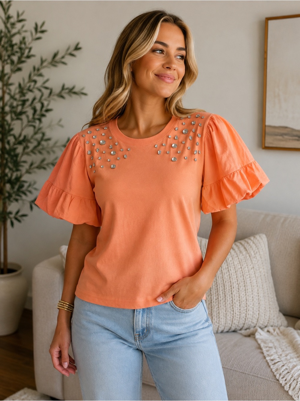 Joh apparel Runa Pointe Knit Top with Diamond Studs puff sleeve